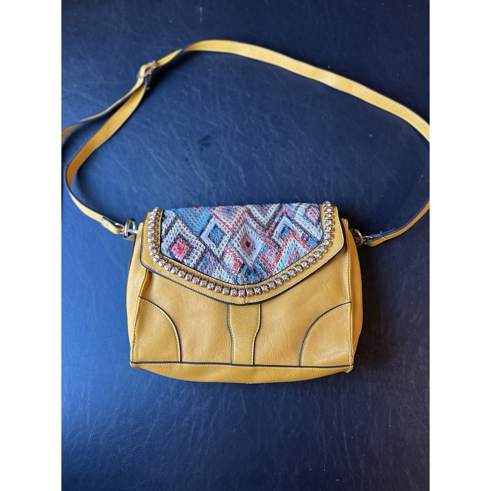 Studded Crossbody Bag Mustard Yellow Embroidered Shoulder Purse Boho